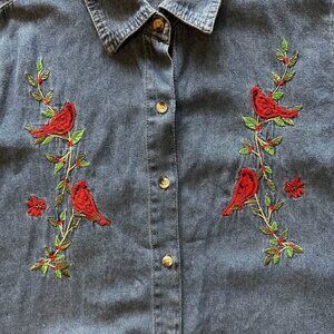 Womens Button Down Denim Birds Embroidered Christmas Shirt XL 1XL 16 18